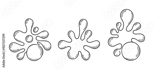 Abstract liquid splashes and drops with glossy highlights create dynamic shapes for fluid or cosmetic product presentations and fun decorative themes.