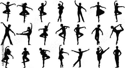 Set of black ballet dancer silhouettes male and female performing classical dance poses isolated on white background
