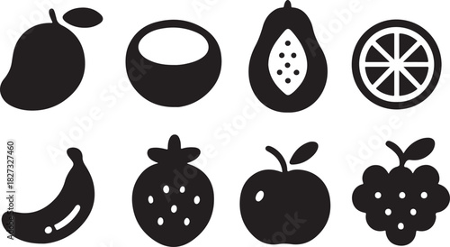 Professional corporate fruit icon set in sharp silhouette style featuring mango coconut papaya and orange.