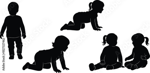 Set of cute baby and toddler silhouettes walking crawling and sitting playing together isolated on white background vector