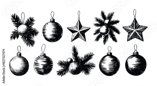Hand drawn sketch collection of Christmas ornaments and pine branches perfect for festive holiday decorations and winter season design projects.