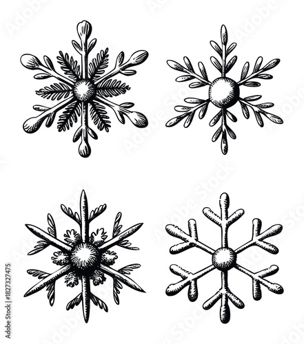 Hand drawn snowflake set for winter holidays, Christmas, New Year celebrations, and frosty weather invitations, offering unique seasonal decorative elements.
