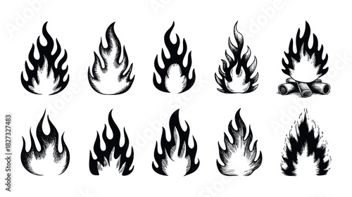 Collection of hand drawn fire flame symbols and campfire for use in various graphic projects and applications conveying heat and energy