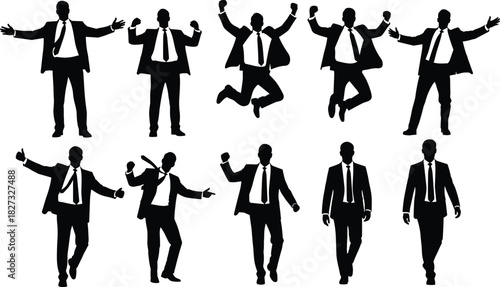 Set of happy businessman silhouettes in suits showing success celebration jumping and walking poses isolated on white background