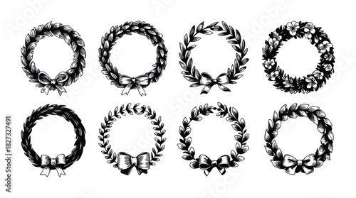 Black and white collection of eight ornate wreaths with bows and floral elements perfect for celebratory occasions or decorative accents.