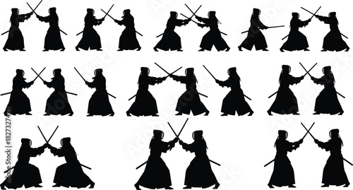 Set of Japanese kendo fighter silhouettes practicing martial arts with bamboo swords isolated on white background