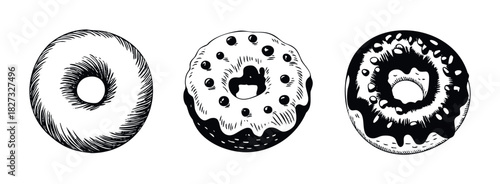 Hand drawn collection of three different donuts with various toppings and glazes for bakery advertising and food item presentation needs