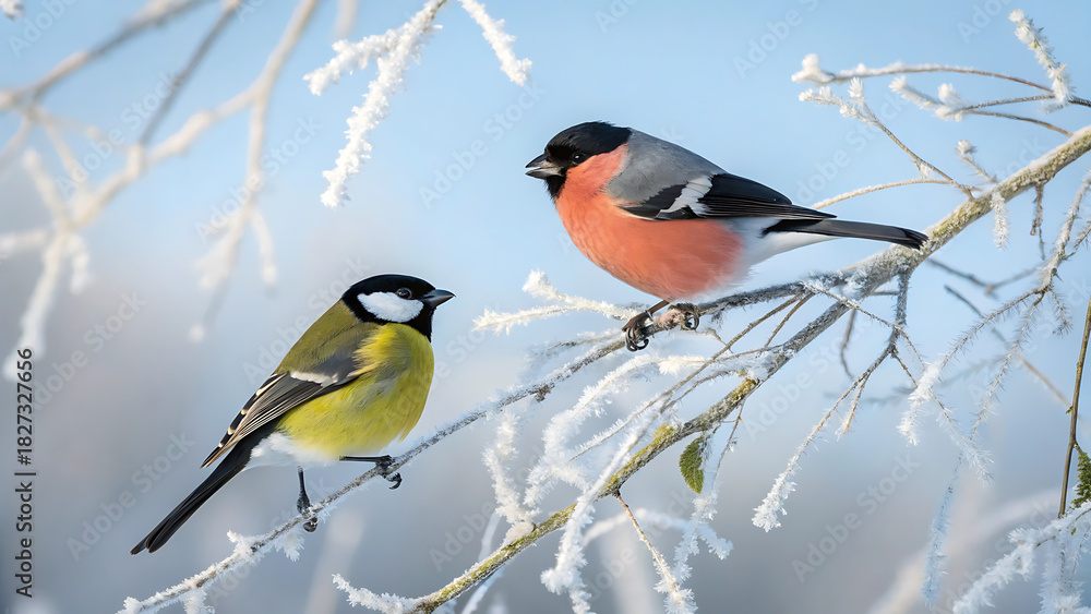 Naklejka premium Two small garden birds, a bullfinch and a great tit, perched on frostcovered tree branches against a bright blue winter sky