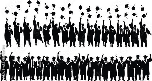 Silhouette of Cheering Graduates Throwing Caps and Holding Diplomas During Commencement Ceremony Celebration Vector Illustration Set