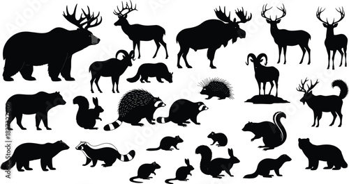 Set of wild forest animal silhouettes including bear deer and moose isolated on white background vector illustration.