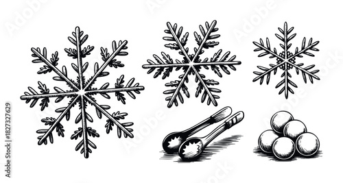 Set of handdrawn snowflakes and kitchen utensils, perfect for winter holiday themes, recipe blogs, and seasonal decor concepts presented with a classic engraving look.