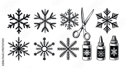 Hand Drawn Black Ink Snowflakes and Craft Supplies for Winter Holiday Projects and Seasonal Decor, Perfect for DIY and Festive Announcements
