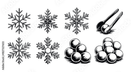 Vintage black and white snowflakes and snowball icons perfect for winter holiday decorations and seasonal promotions