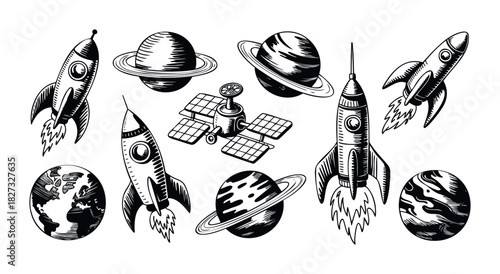 Collection of handdrawn space rockets, planets, and satellites for cosmic exploration and science fiction themes, ideal for educational and imaginative projects.