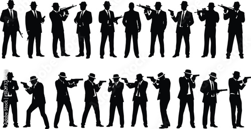 Set of gangster silhouettes in suits and hats holding guns and rifles isolated on white background vector illustration