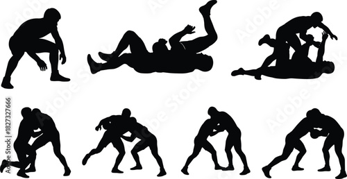 Vector collection of black ninja silhouettes in various fighting and jumping poses isolated on white background