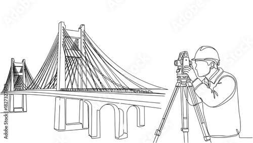 Continuous Line Art Bridge and Survey Engineer – Minimal Structural Outline Illustration