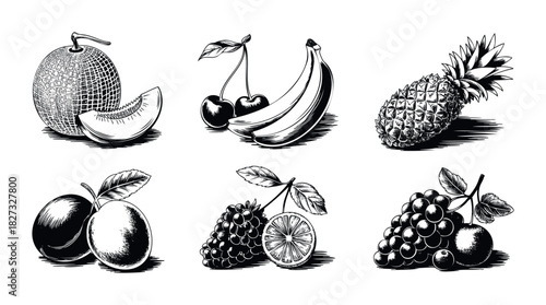 Vintage fruit illustrations including melon, cherries, bananas, pineapple, plums, grapes and lemon slices perfect for culinary themes and healthy lifestyle promotions
