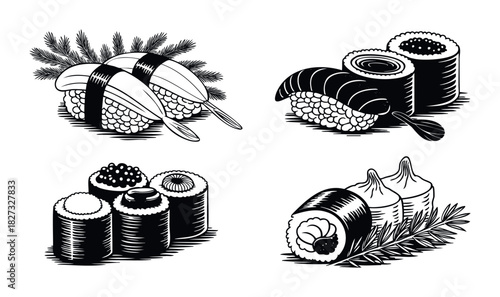 Black and white graphic depictions of various sushi rolls, nigiri, and fish selections, perfect for food menus, culinary websites, or restaurant promotions.