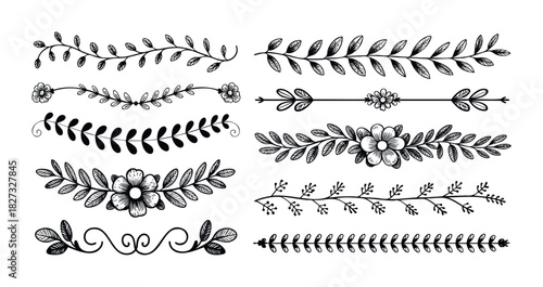 Collection of handdrawn floral and leaf borders, dividers, and embellishments perfect for journaling, scrapbooking, or greeting card applications.