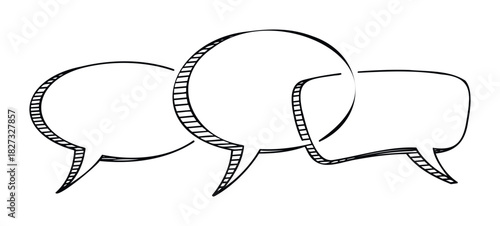 Three hand drawn speech bubbles overlapping in black outline with hatching details, perfect for dialogue, communication or discussion messages, usable for web or print media.