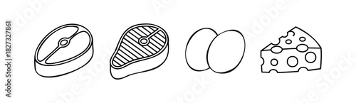 Set of simple line art icons representing food items including steaks, eggs, and cheese for healthy diet or grocery store concepts.