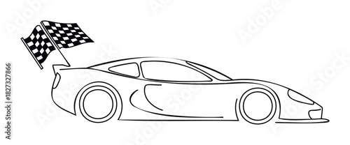 Speeding race car with checkered flags displayed prominently on the spoiler, perfect for automotive themes and winning concepts.