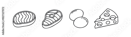 Simple line art icons representing steak, eggs, and cheese for healthy eating and food concepts, perfect for recipes and nutritional information graphics.