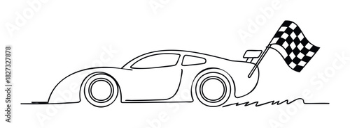 Racing car with checkered flag at finish line, symbolizing victory and speed for sports and competition themes.
