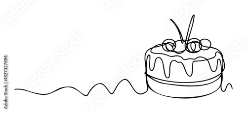 Single line drawing of a festive cake with cherries on top, perfect for celebration invitations, greeting cards, or bakery promotions, symbolizing joy and indulgence in a simple yet elegant