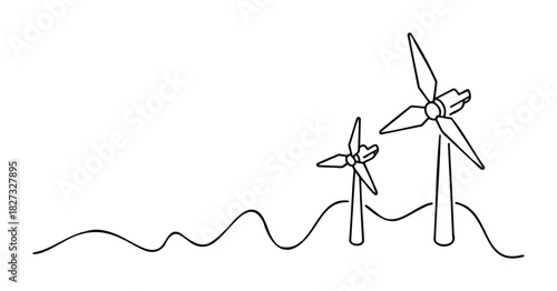Simple line drawing of two wind turbines with varying blade positions standing on undulating ground, perfect for representing renewable energy solutions and environmental themes in your