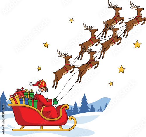 Saint Nicholas in a red sleigh with presents pulled by flying reindeer through a starry winter sky.