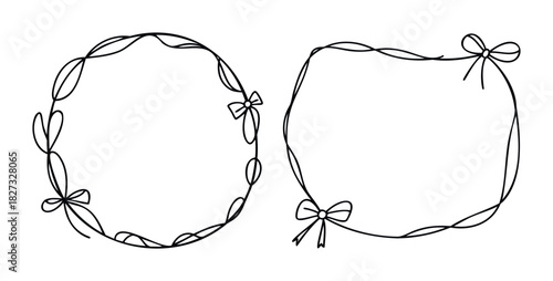 Hand drawn whimsical floral wreath frame with bows for elegant invitation and greeting message designs, perfect for feminine branding and scrapbooking.