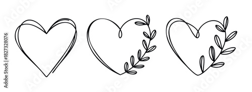 Hand drawn heart shapes with floral branch accents, perfect for wedding invitations, love messages, and romantic greetings graphics.