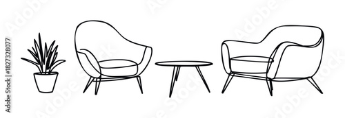 Modern armchair set with potted plant and coffee table for chic living room decor or interior scene inspiration, perfect for furniture websites and lifestyle blogs.