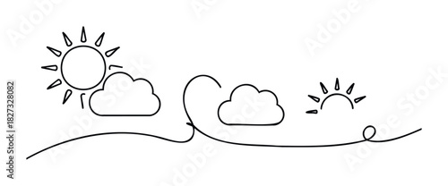 Continuous line drawing of the sun and clouds moving across the sky, symbolizing weather change and the passage of time, ideal for environmental or seasonal themes.