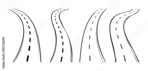 Four black and white sketchy road illustrations with dashed lines depicting various curves and turns, perfect for conveying movement, journeys, or transitions in graphic projects.