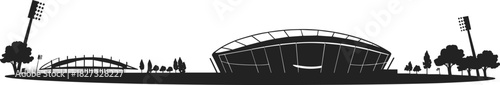 Modern sports stadium silhouette vector illustration, outdoor arena architecture with floodlights, trees, and seating stands for athletic and event design