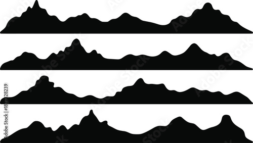 Mountain silhouette vector landscape illustration, natural hill horizon shapes, black and white outdoor nature design, minimal mountain range layers for scenery art