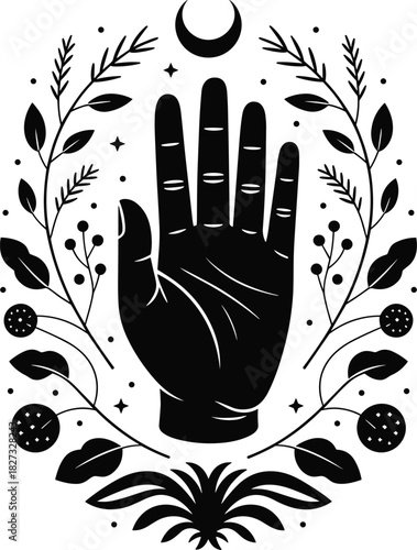 Mystical palm hand with moon and floral elements vector illustration symbolizing spirituality, astrology, fortune telling, and sacred magical design