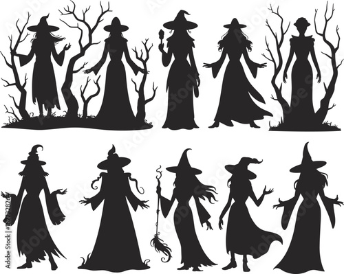 Mystical witch silhouettes collection with spooky trees and magical poses, perfect for Halloween design, fantasy illustration, decoration, and vector art.