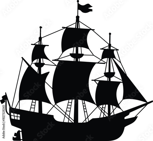 Old sailing ship silhouette vector illustration with tall masts and sails, vintage marine transportation concept design for nautical, adventure, and history themes