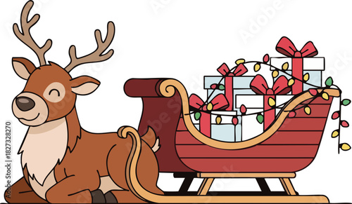A cute cartoon reindeer is resting next to a sleigh filled with wrapped Christmas presents and festive lights.