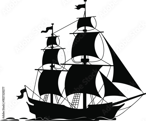 Old vintage sailing ship silhouette vector illustration with sails and flags, classic marine transportation design isolated on white background