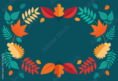 Colorful autumn leaves frame on dark teal background for seasonal designs