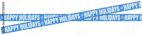 Blue Caution Tape with Bold White “Happy Holidays” Text – Festive Holiday Banner with Snowflake Icons and Multicolored Paint Splatter on Transparent Background
