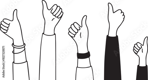 Cute line doodle raising hands with thumb up background. Crowd of happy people, satisfied customers, clients, business audience black and white illustration art