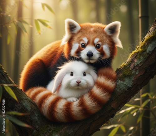 a red panda and a white rabbit sitting together on a tree branch.