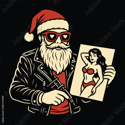 Biker Santa Claus with Tattoo Gun and Pin-up Girl Illustration