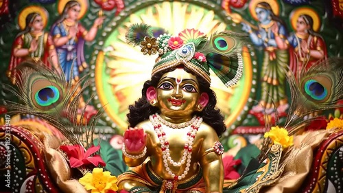 Wallpaper Mural Golden Krishna Statue with Ornate Background. Torontodigital.ca